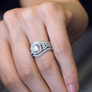 Pear-Shaped Halo Curved Two-Ring Set In Polished Silver Tone