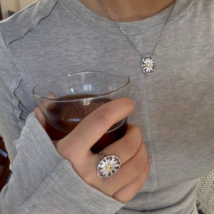 Silver Pave Daisy Oval Necklace Earrings And Ring Set