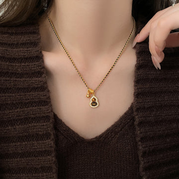 Gold Tone Gourd Pendant Necklace With Brown Stone Pendant Jewelry