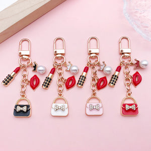 Lipstick, Lips and Handbag Charm Keychain in Enamel and Gold-Tone Metal