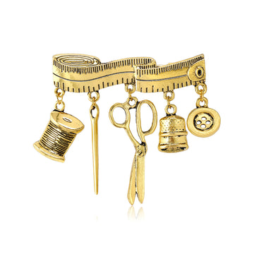Vintage Tailor Tools Brooch Measuring Tape Gold Silver