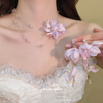 Sheer Flower and Bead Drop Necklace in Six Color Options