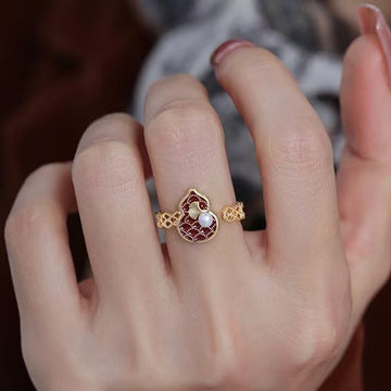 Gold Red Enamel Gourd Pearl Open Ring Lattice Band
