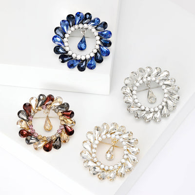 Round Teardrop Crystal Brooch in Four Colors displayed from the front