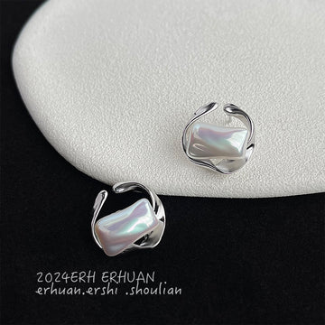 Silver Open Frame White Shell Baroque Stud Earrings
