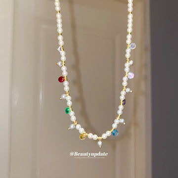 White Pearl Style Necklace with Colorful Bead Charms