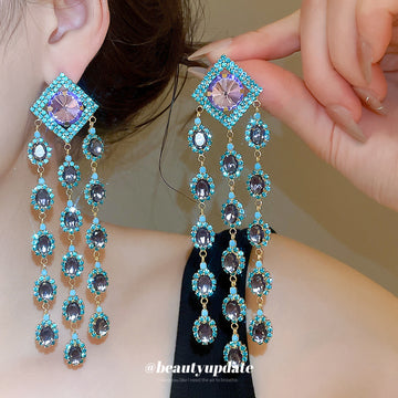 Blue Crystal Chandelier Earrings with Diamond Tops
