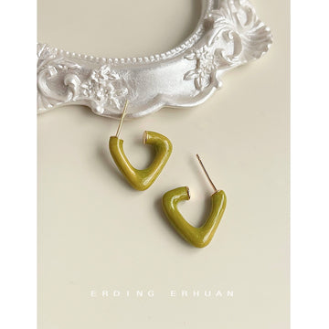 Avocado Green Enamel Geometric Open C Stud Earrings