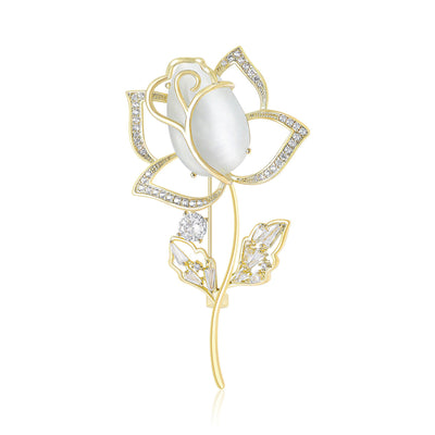 White Cabochon Rose Stem Brooch shown against a white display background