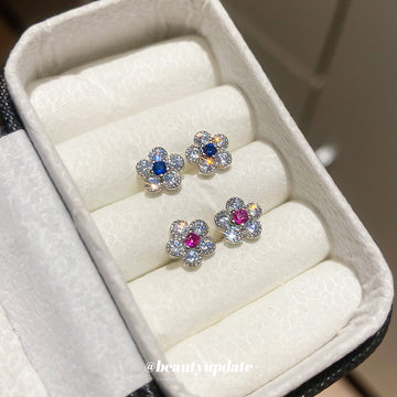 Pair of Metal Tone Blue and Pink Crystal Flower Stud Earrings