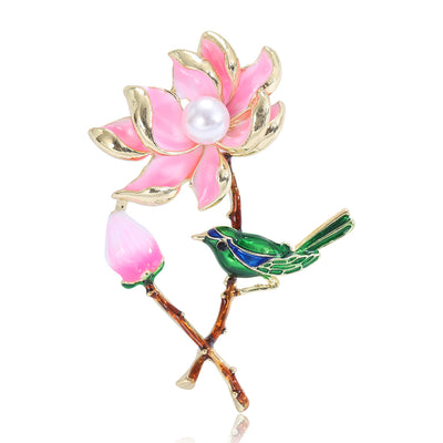 Front view of lotus and bird enamel brooch with pearl accent decorative metal pin