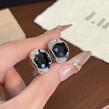 Black Oval Crystal Look Silver Tone Leverback Earrings