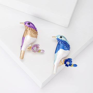 Enamel Bird on Flower Branch Brooch in Blue or Purple