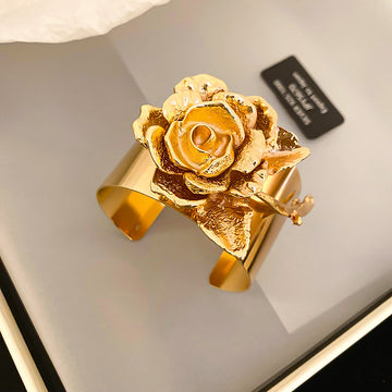 Sculpted Rose Wide Open Cuff Bracelet In Silver Tone Or Gold Tone