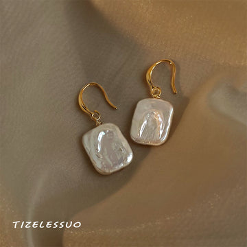 Gold Hook Square Baroque Pearl Drop Earrings Iridescent