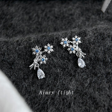 Silver Tone Aqua Snowflake Branch And Clear Teardrop Stud Earrings