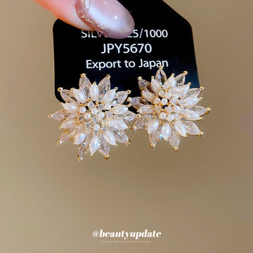 Pearl Crystal Floral Cluster Statement Stud Earrings