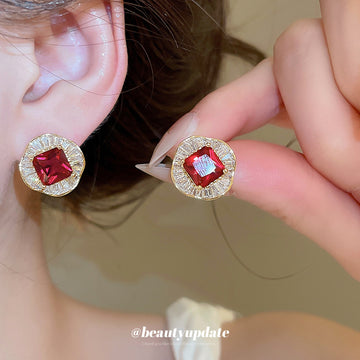 Red Square Crystal Statement Stud Earrings with Metal Settings