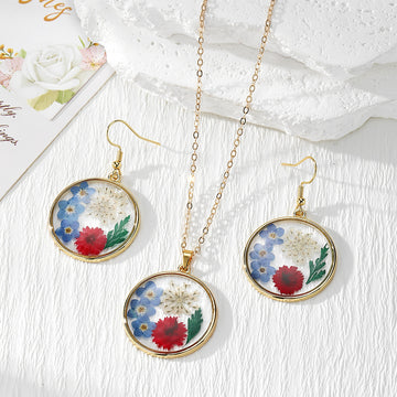 Round Pressed Flower Pendant Necklace and Earring Options
