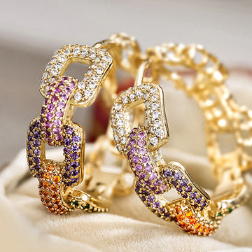 Rectangular Chain-Link Pave Hoop Earrings In Polished Gold Tone