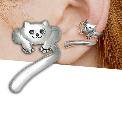 Silver climbing cat ear cuff product shot beside cuff worn on ear