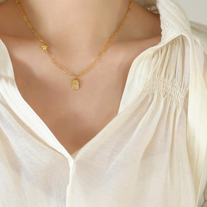 Gold Star Textured Square Zircon Pendant Paperclip Chain Necklace