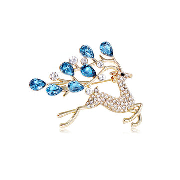 Blue Gold Tone Reindeer Crystal Metal Brooch Pin for Jackets and Lapels