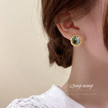 Round Green and Blue Crystal Stud Earrings Fashion Jewelry Accessories