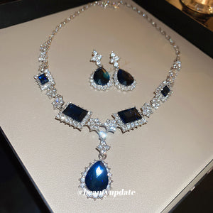 Silver Tone Dark Blue Geometric Necklace And Drop Earring Set