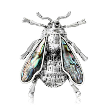 Silver Bee Brooch Abalone Shell Wings Textured Metal Pin