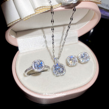 Silver Cushion Halo CZ Necklace Earrings And Ring Set