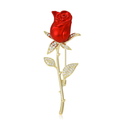 Front view showing the long stem red rose flower brooch with polished gold tone leaves