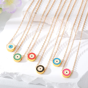 Gold Tone Small Round Enamel Evil Eye Pendant Necklaces