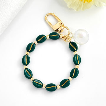 Coffee Bean Bead Bracelet Keychain With Crystal Accent
