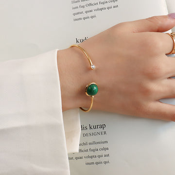 Gold Open Cuff Bracelet Green Turquoise Ball And Zircon Tip