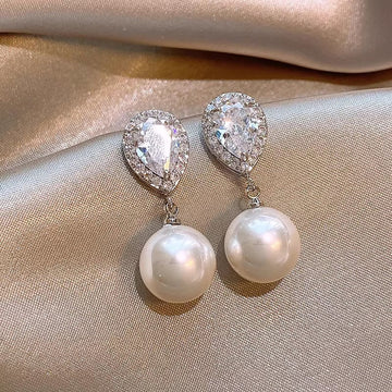 Silver Tone Teardrop Clear Stone Faux Pearl Drop Earrings