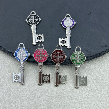 Antique Silver Saint Benedict Key Charm Pendant Enamel Medal