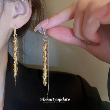 Gold Tone Leaf Threader Earrings and Silver Chain Drops