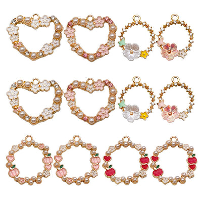 Colorful heart and flower charms arranged on a light background