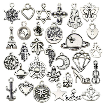 Assorted Antique Silver Tone Symbol and Nature Charms