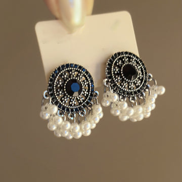 Antique Silver Tone Pearl Fringe Round Stud Earrings