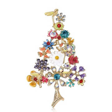 Colorful Floral Christmas Tree Brooch with Bird Topper