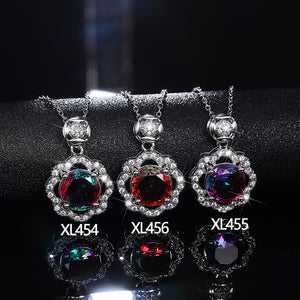 Silver Tone Round Gradient Crystal Floral Pendant Necklaces
