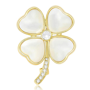 Gold Four Leaf Clover Brooch White Mother Of Pearl Leaves