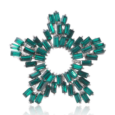 Front view of statement geometric baguette crystal star brooch in red