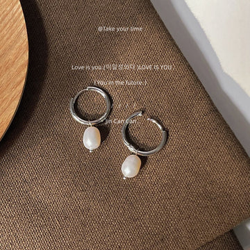 Silver Huggie Hoop Freshwater Pearl Drop Earrings Pair
