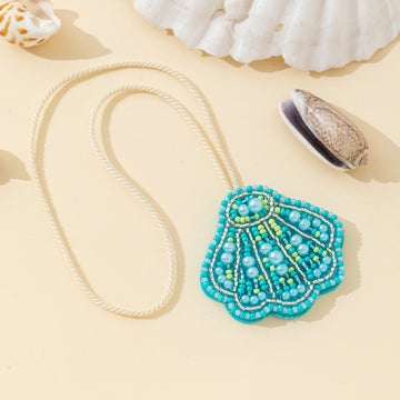 Beaded Turquoise Scallop Shell Charm Pendant With Pearl Accents