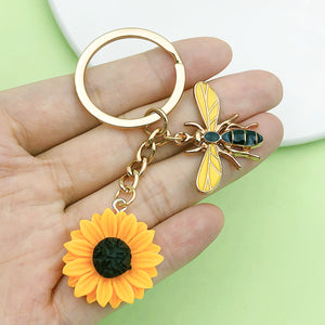Bee and Sunflower Keychains, Enamel Charms on a Gold-Tone Split Ring