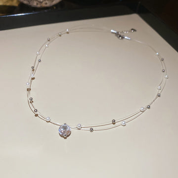 Silver Tone Beaded Chain and Round Crystal Pendant Necklace