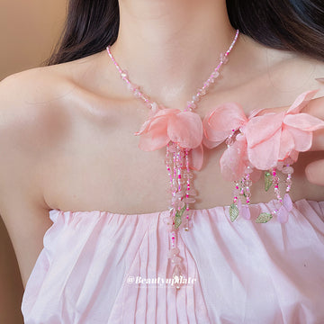 Pink Fabric Flower Crystal Bead Tassel Earrings Necklace